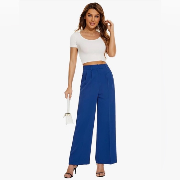 Pants - WideLeg Women's HighElastic WaistedinBack BusinessWork Trousers SuitPants Blue